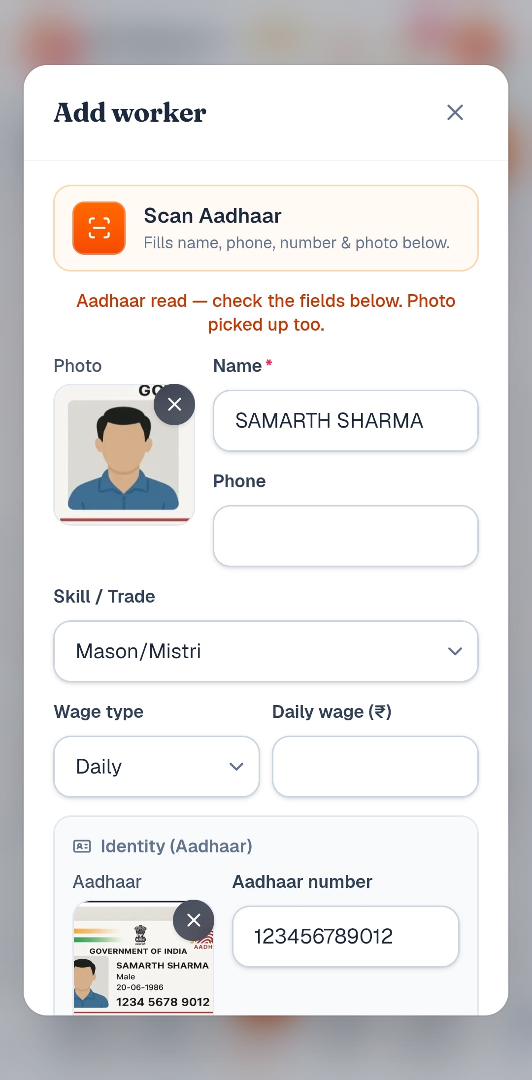 Adding a worker from his card