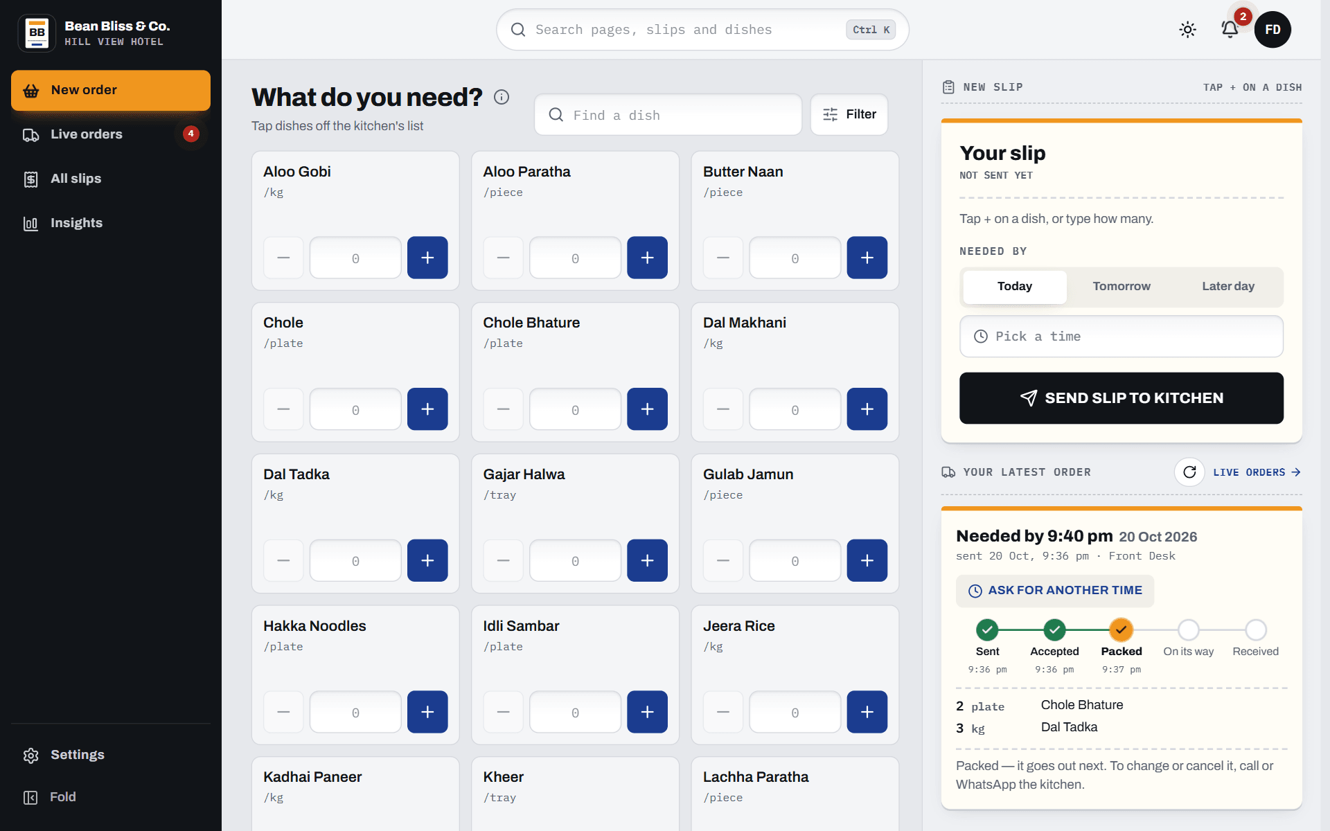 Ordering, with the last order's progress beside it
