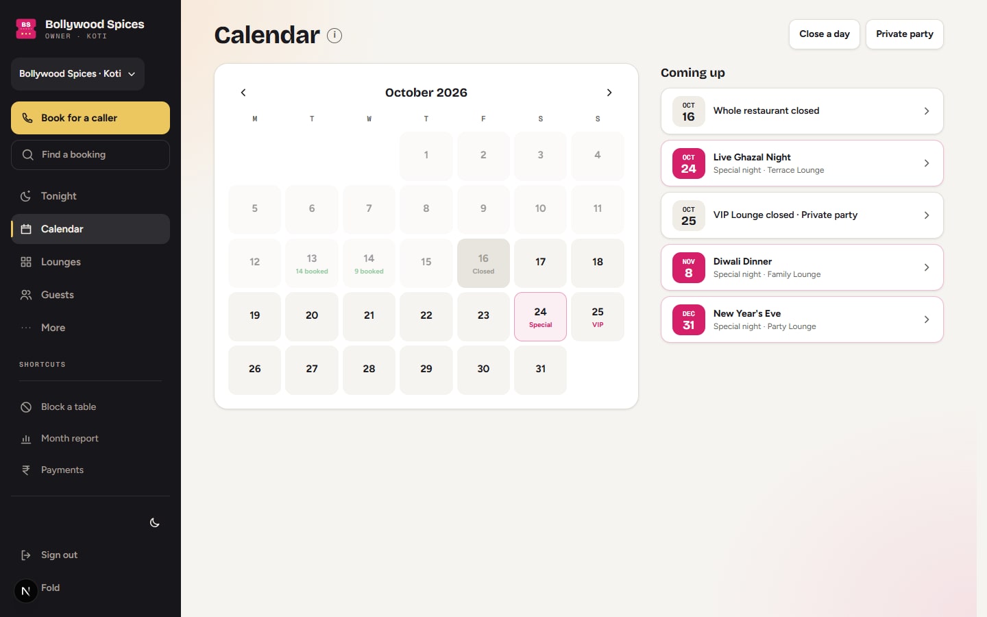 The owner's month at a glance