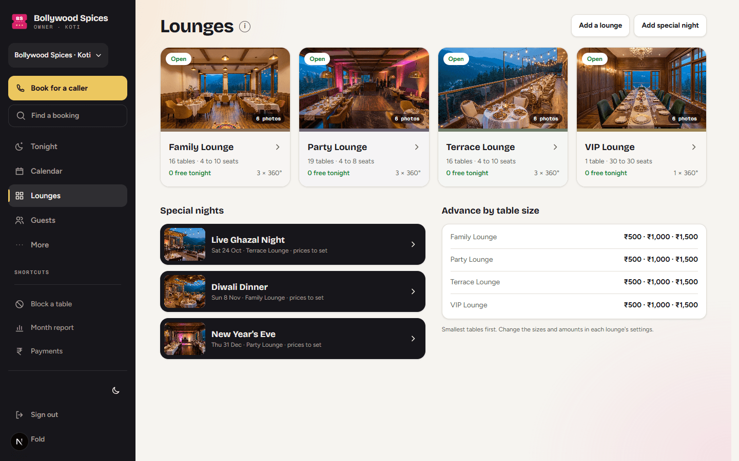 Lounges, special nights and advances
